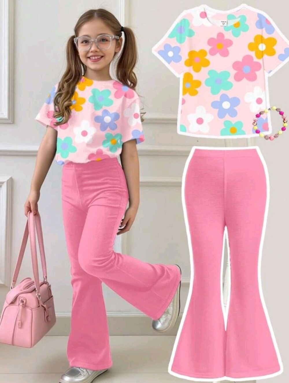 Shein Two-Piece Hippie Flower Girl's Short Sleeve Floral Pink Flare Pants sz 6